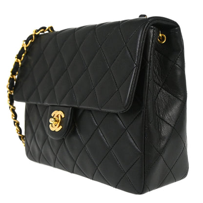 Chanel 1989-1991 Black Lambskin Classic Square Flap Shoulder Bag 20