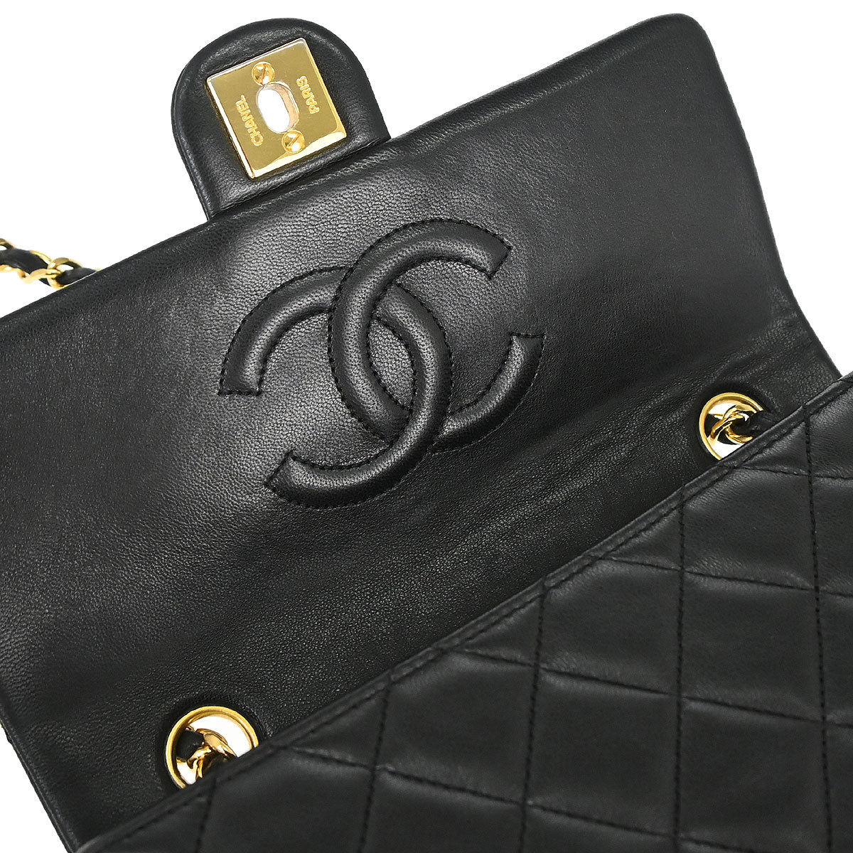 Chanel 1989-1991 Black Lambskin Classic Square Flap Shoulder Bag 20