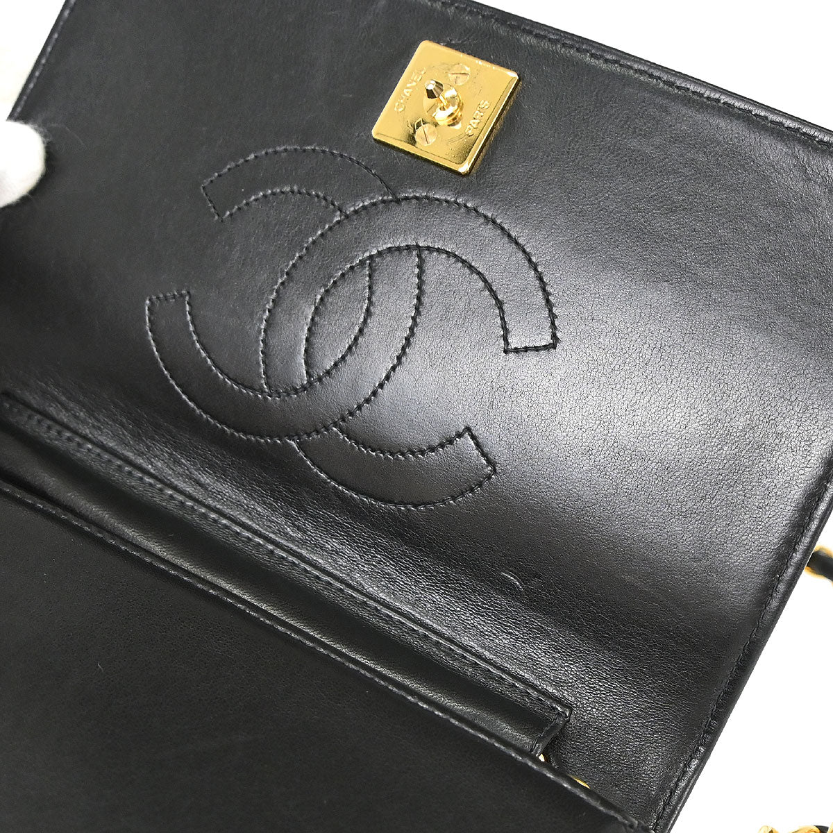 Chanel 1996-1997 Black Lambskin Pushlock Mini Full Flap Shoulder Bag