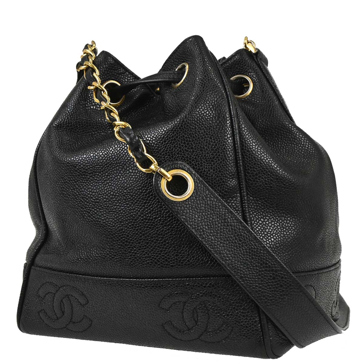 Chanel Black Caviar Skin Triple CC Bucket Shoulder Bag