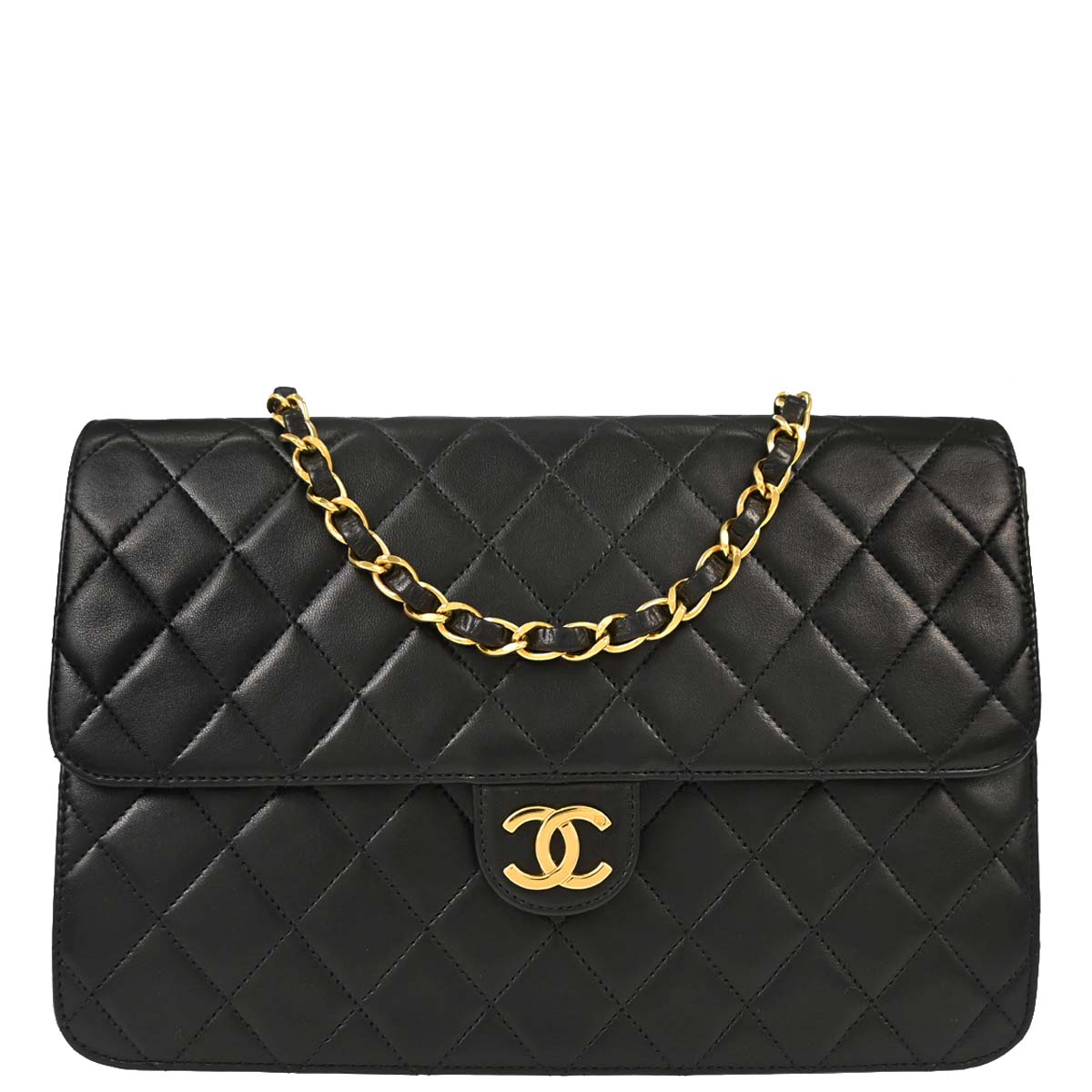 Chanel Black Lambskin Pushlock Medium Half Flap Shoulder Bag