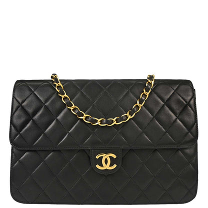 Chanel Black Lambskin Pushlock Medium Half Flap Shoulder Bag