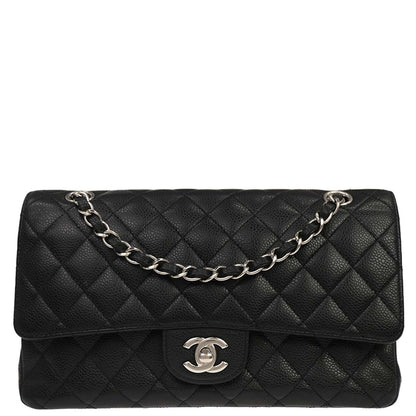 Chanel 2009-2010 Black Caviar Skin Medium Classic Double Flap Shoulder Bag