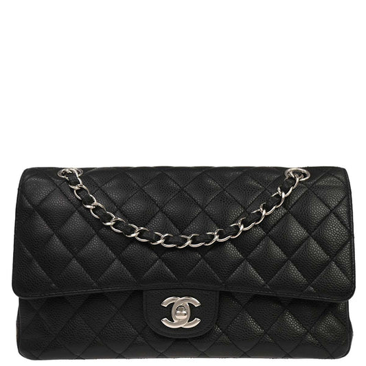 Chanel 2009-2010 Black Caviar Skin Medium Classic Double Flap Shoulder Bag
