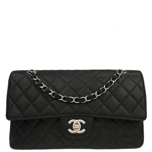 Chanel 2000-2002 Black Caviar Skin Medium Classic Double Flap Shoulder Bag