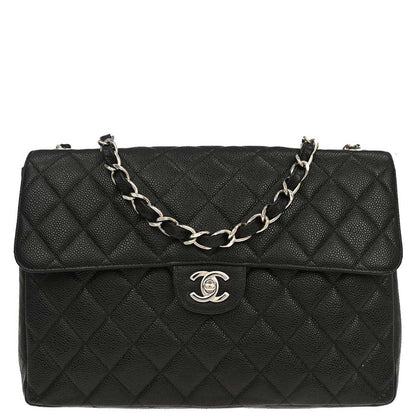 Chanel 2000-2002 Black Caviar Skin Jumbo Classic Flap Shoulder Bag