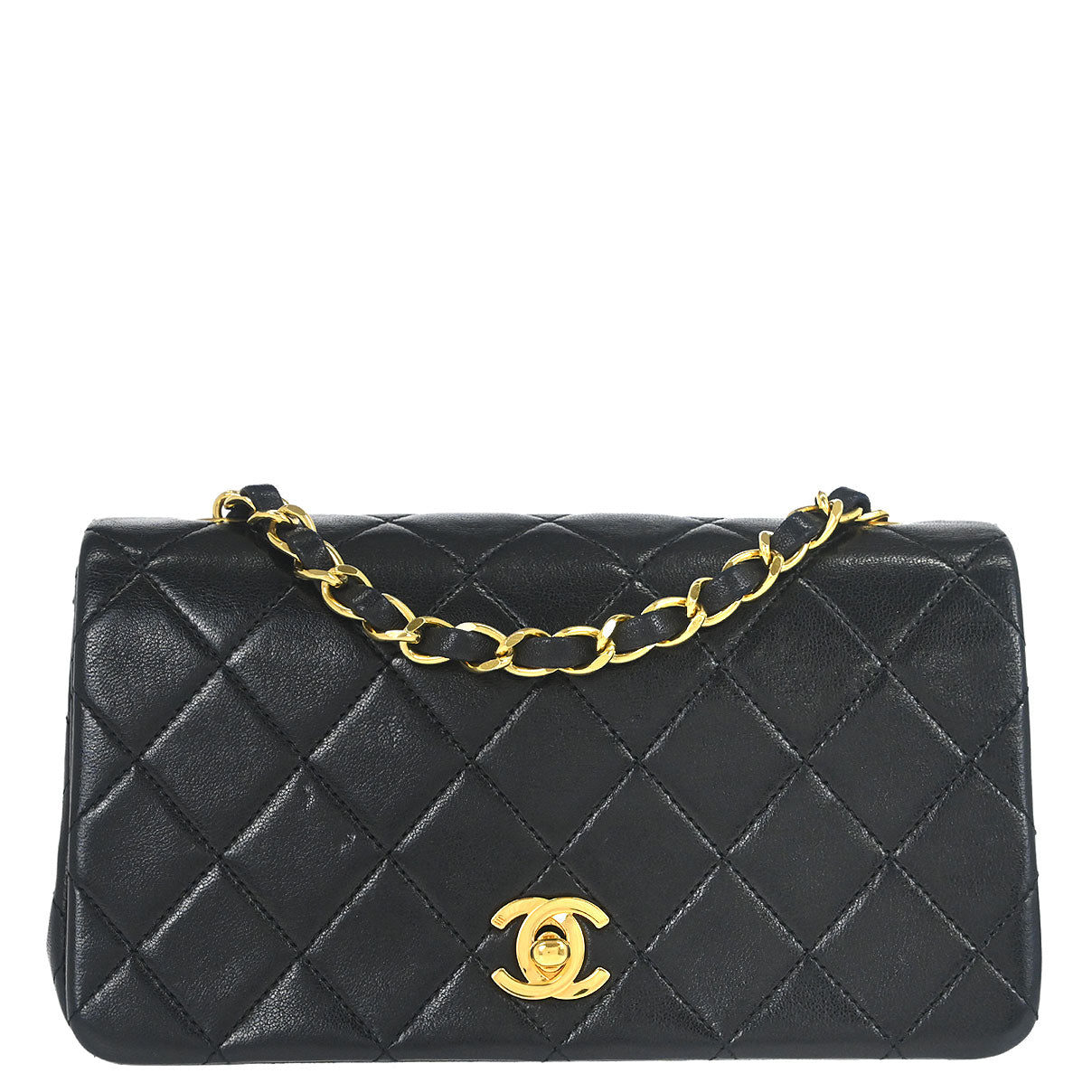 Chanel 1989-1991 Black Lambskin Turnlock Mini Full Flap Shoulder Bag