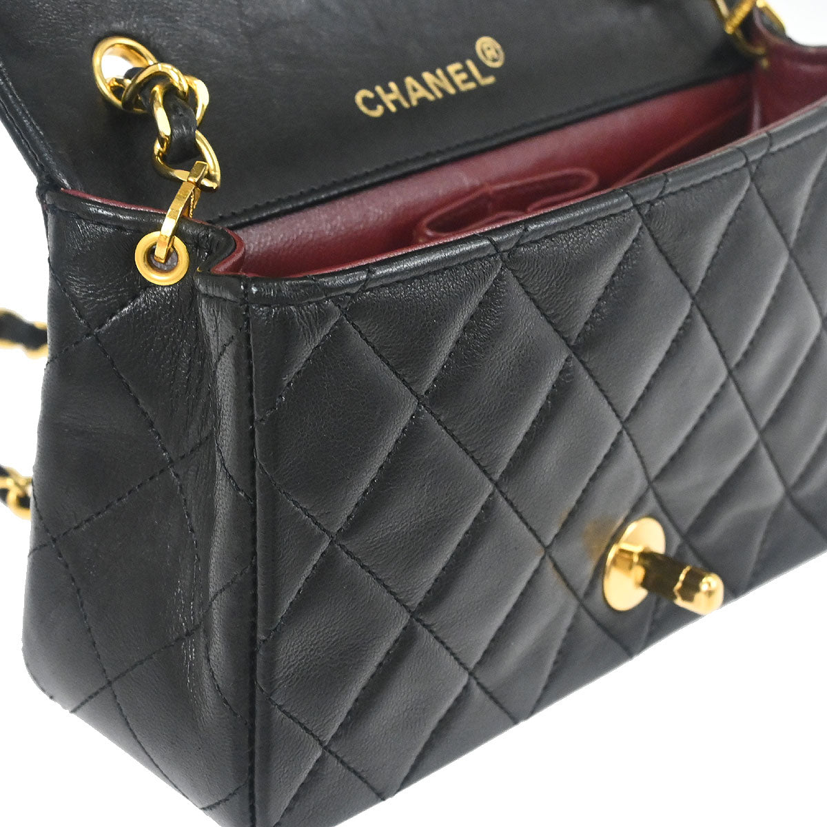 Chanel 1989-1991 Black Lambskin Turnlock Mini Full Flap Shoulder Bag