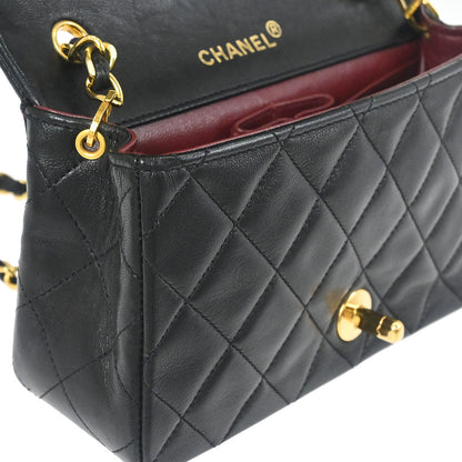 Chanel 1989-1991 Black Lambskin Turnlock Mini Full Flap Shoulder Bag