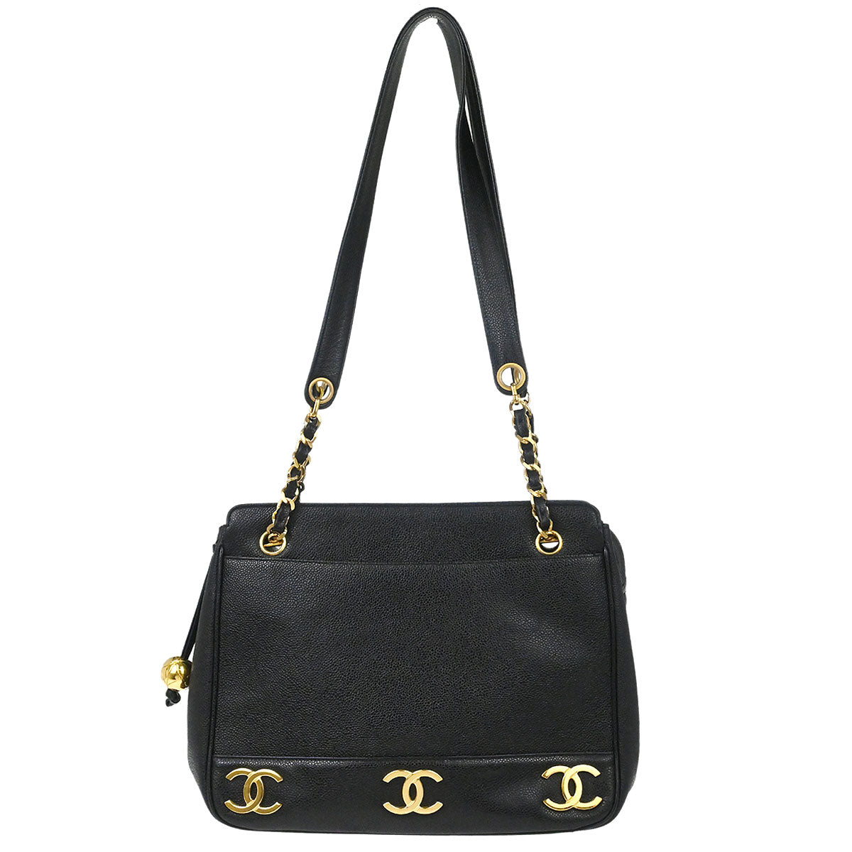 Chanel 1994-1996 Black Caviar Skin Triple CC Shoulder Tote Bag