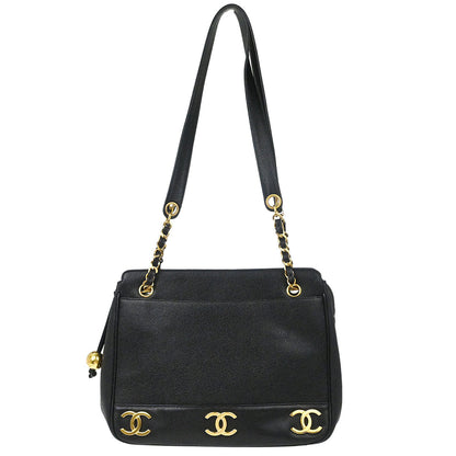 Chanel 1994-1996 Black Caviar Skin Triple CC Shoulder Tote Bag