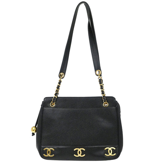 Chanel 1994-1996 Black Caviar Skin Triple CC Shoulder Tote Bag