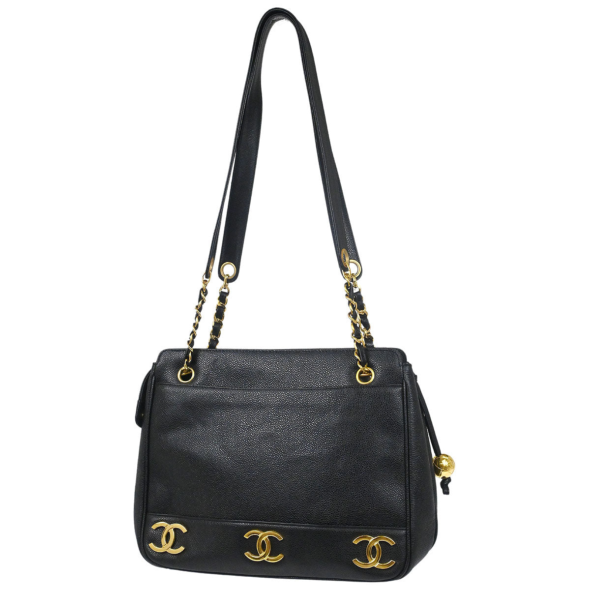 Chanel 1994-1996 Black Caviar Skin Triple CC Shoulder Tote Bag