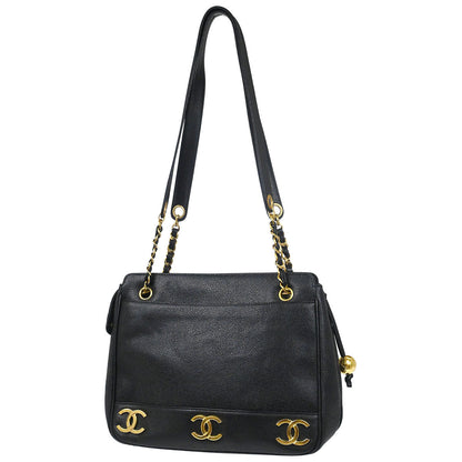 Chanel 1994-1996 Black Caviar Skin Triple CC Shoulder Tote Bag