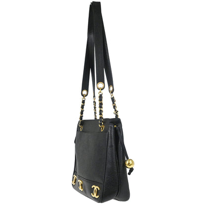 Chanel 1994-1996 Black Caviar Skin Triple CC Shoulder Tote Bag