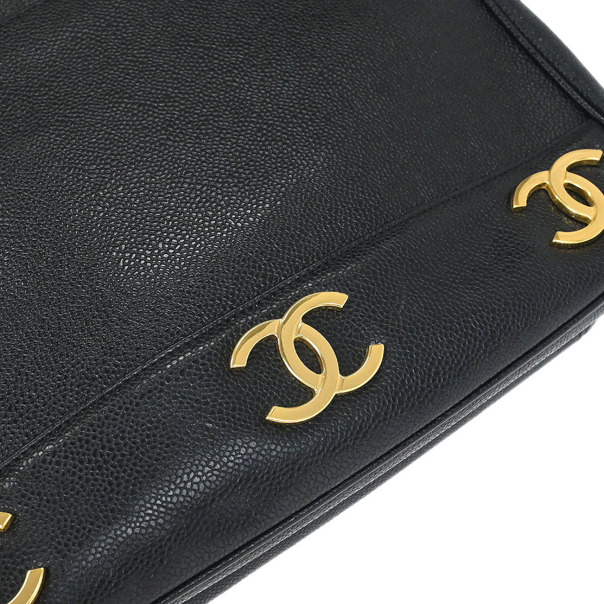 Chanel 1994-1996 Black Caviar Skin Triple CC Shoulder Tote Bag