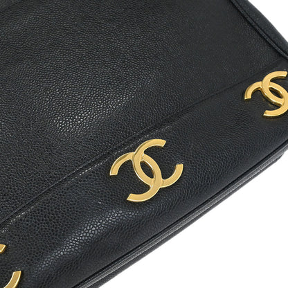 Chanel 1994-1996 Black Caviar Skin Triple CC Shoulder Tote Bag