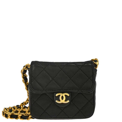 Chanel 1989-1991 Black Lambskin Micro Classic Flap Shoulder Bag Pochette