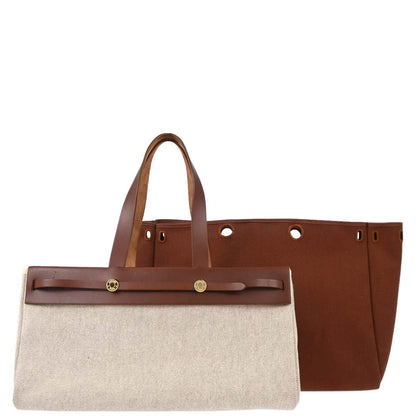 Hermes Beige Brown Toile H Officier Herbag Cabas MM 2 in 1 Handbag