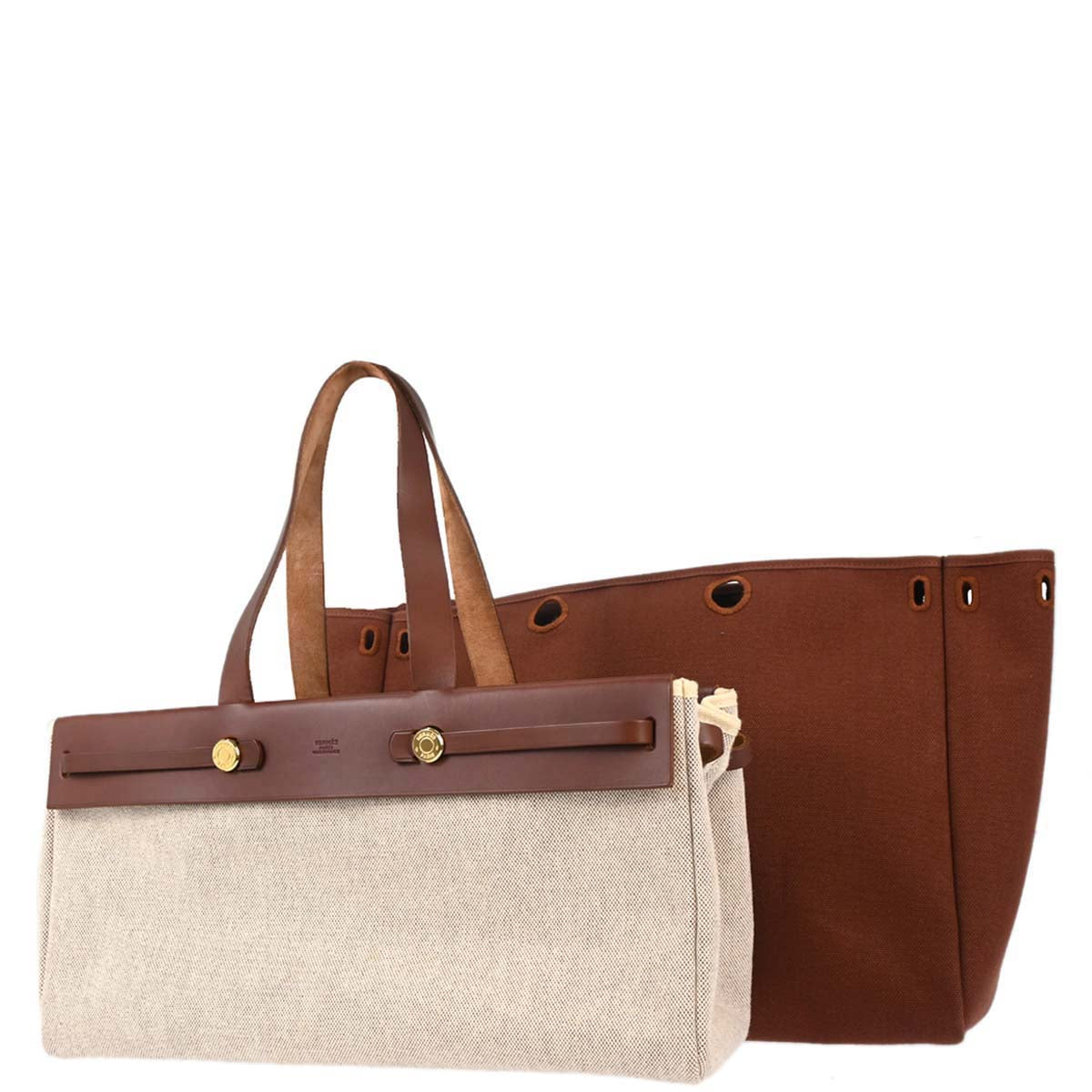 Hermes Beige Brown Toile H Officier Herbag Cabas MM 2 in 1 Handbag