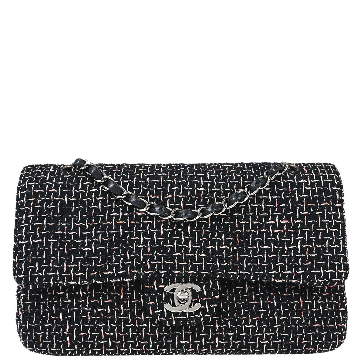 Chanel 2005-2006 Black Tweed Medium Classic Double Flap Shoulder Bag
