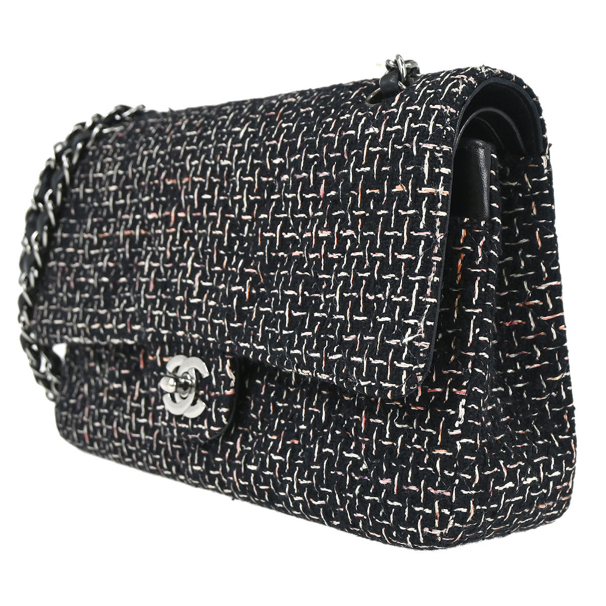 Chanel 2005-2006 Black Tweed Medium Classic Double Flap Shoulder Bag