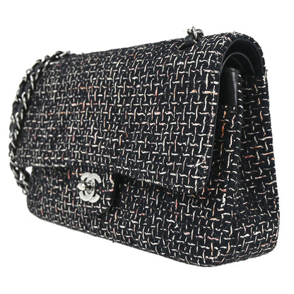 Chanel 2005-2006 Black Tweed Medium Classic Double Flap Shoulder Bag