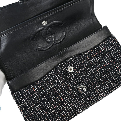 Chanel 2005-2006 Black Tweed Medium Classic Double Flap Shoulder Bag