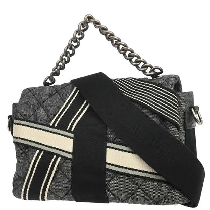 Chanel 2016-2017 Black Quilted Denim Medium Airlines Buckle 2way Shoulder Handbag