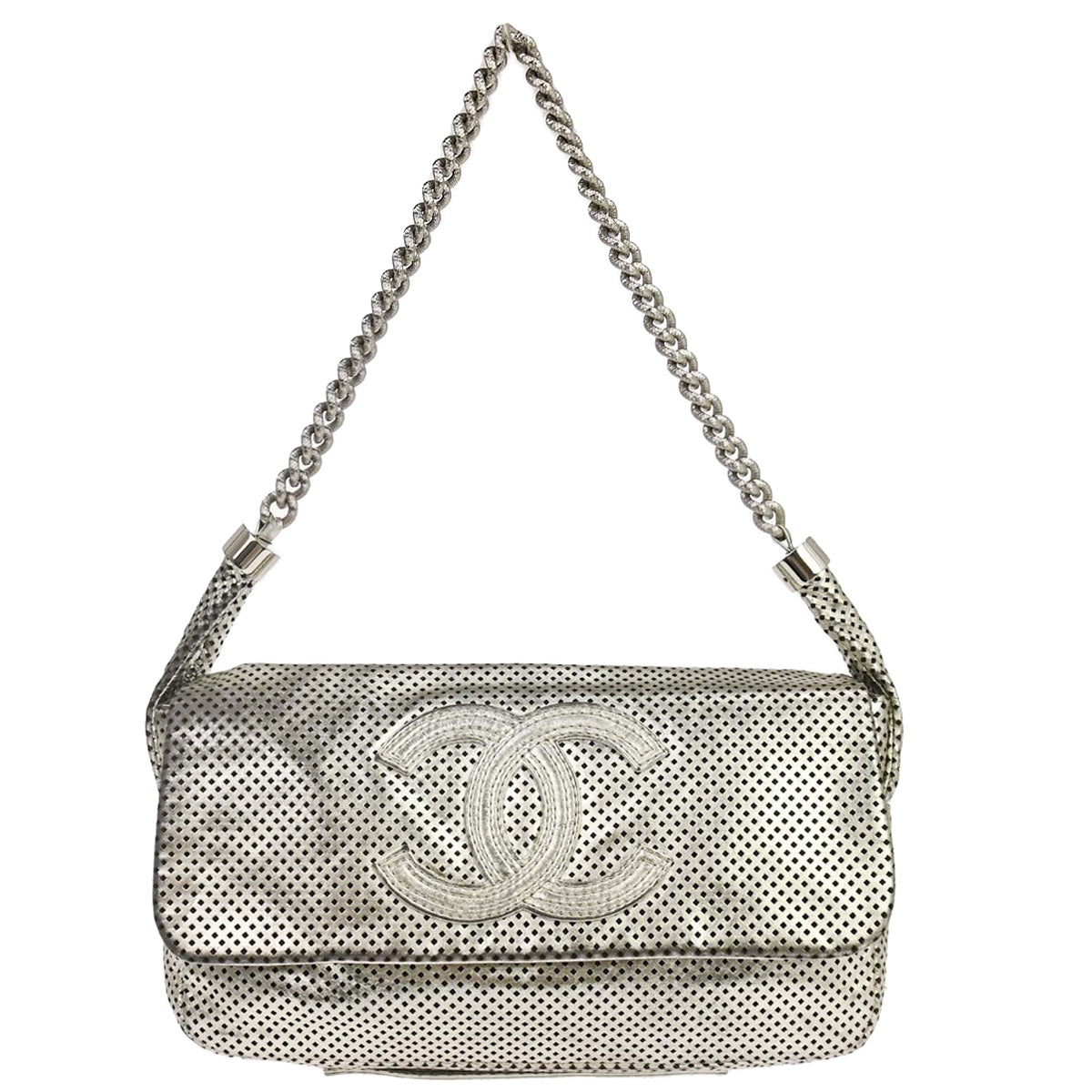 Chanel 2008-2009 Silver Perforated Lambskin Shoulder Bag