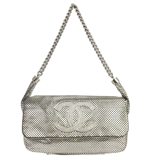 Chanel 2008-2009 Silver Perforated Lambskin Shoulder Bag