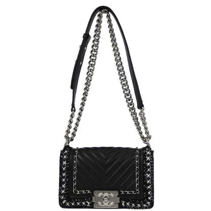 Boy Chanel 2017-2018 Black Lambskin Tweed Chevron Small Chain Shoulder Bag 167312