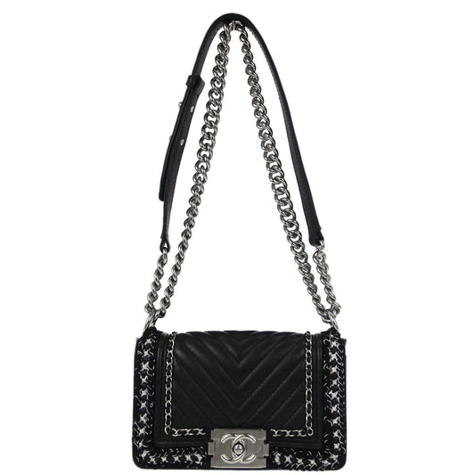 Boy Chanel 2017-2018 Black Lambskin Tweed Chevron Small Chain Shoulder Bag 167312