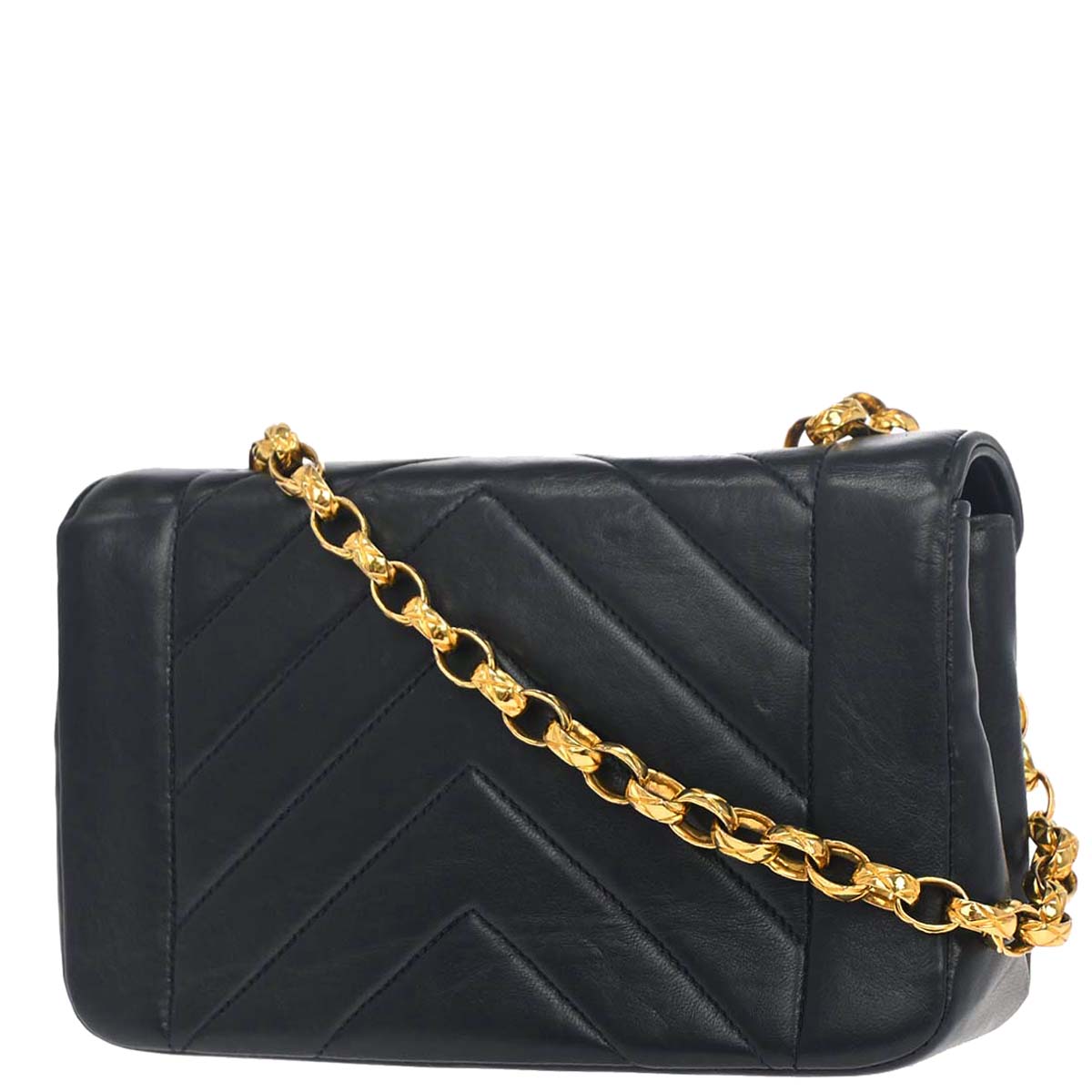 Chanel 1991-1994 Navy Lambskin Chevron Single Flap Shoulder Bag