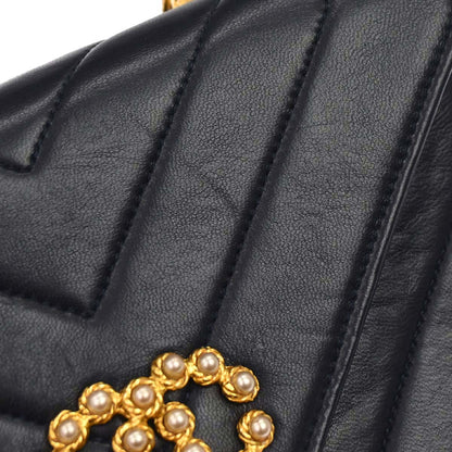 Chanel 1991-1994 Navy Lambskin Chevron Single Flap Shoulder Bag