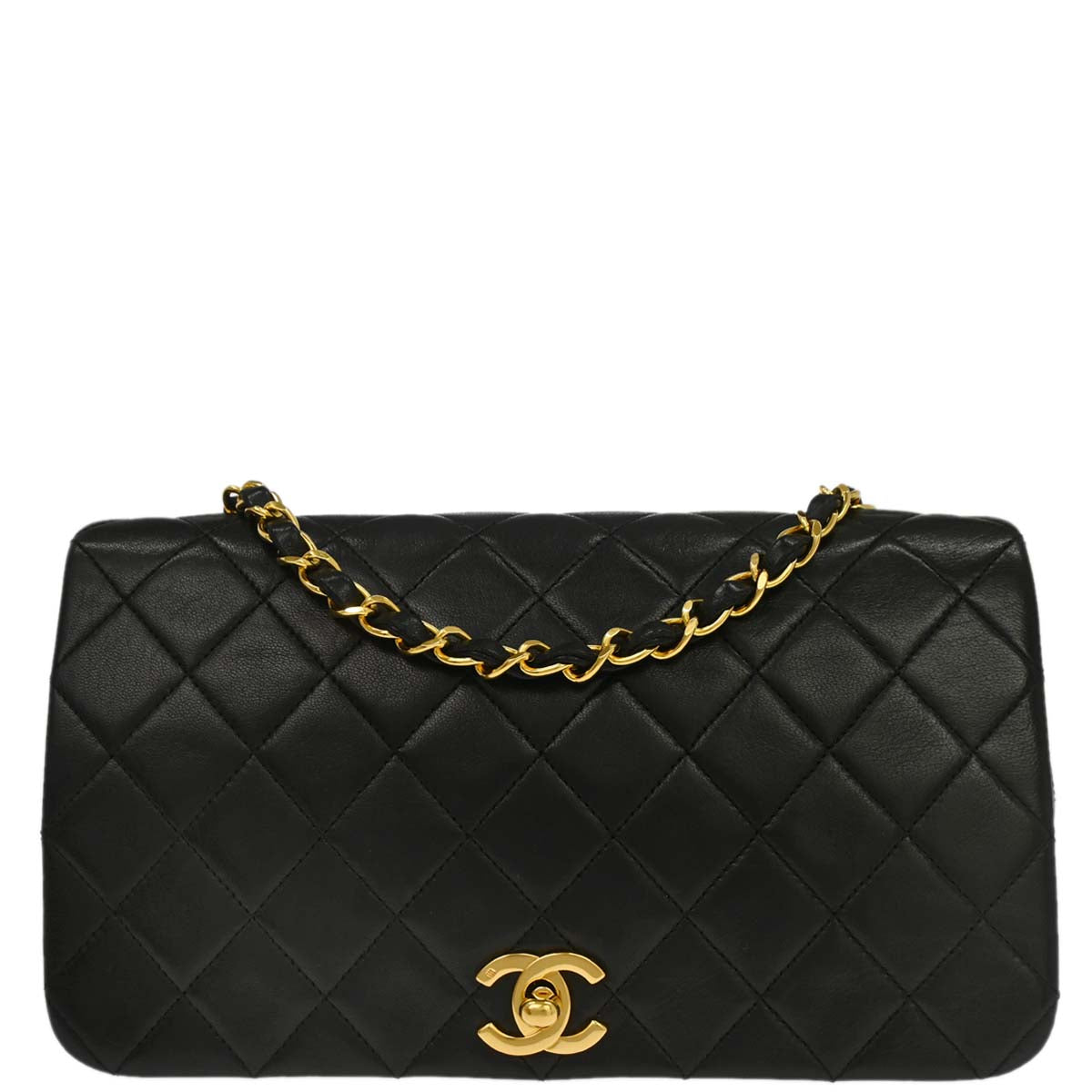 Chanel 1989-1991 Black Lambskin Turnlock Small Full Flap Shoulder Bag