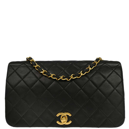 Chanel 1989-1991 Black Lambskin Turnlock Small Full Flap Shoulder Bag