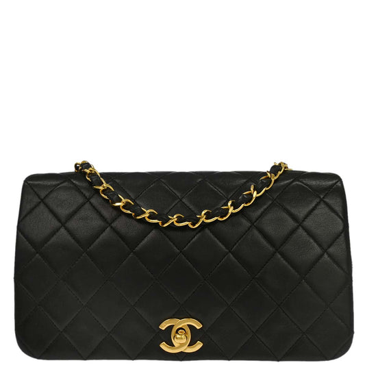 Chanel 1989-1991 Black Lambskin Turnlock Small Full Flap Shoulder Bag