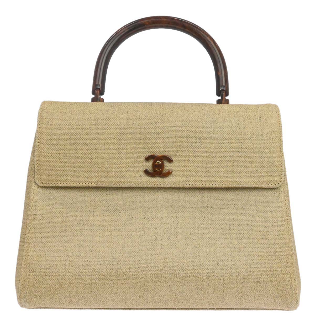 Chanel Beige Canvas Top Handle Straight Flap Handbag