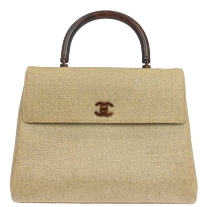 Chanel Beige Canvas Top Handle Straight Flap Handbag