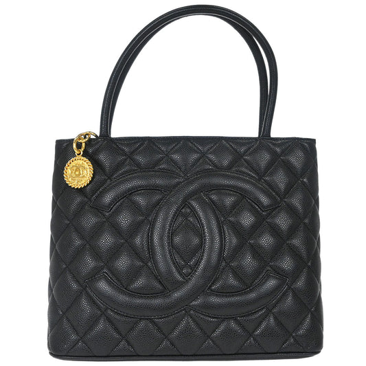 Chanel Black Caviar Skin Medallion Tote Handbag