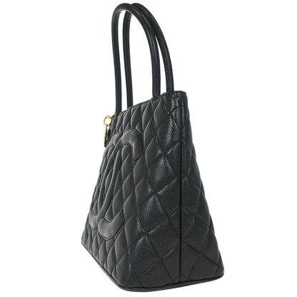 Chanel Black Caviar Skin Medallion Tote Handbag