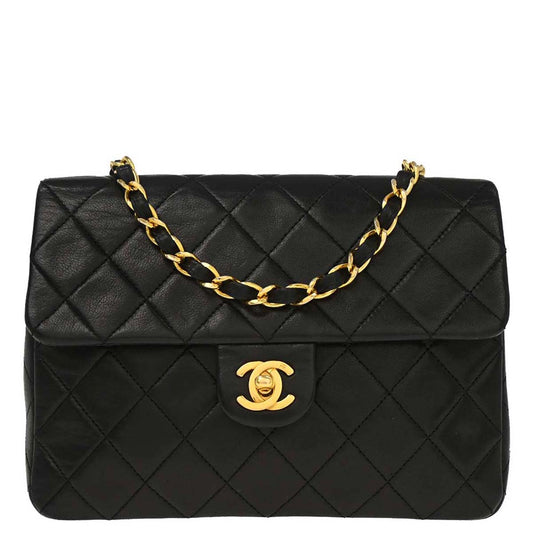 Chanel 1989-1991 Black Lambskin Classic Square Flap Shoulder Bag 20