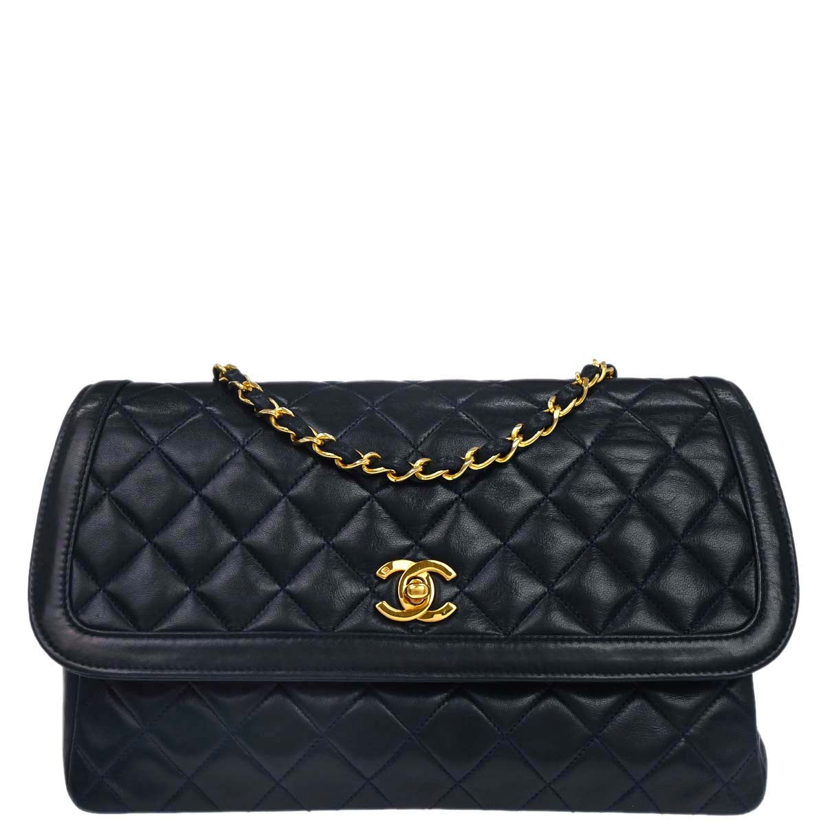 Chanel 1989-1991 Navy Lambskin Straight Flap Shoulder Bag