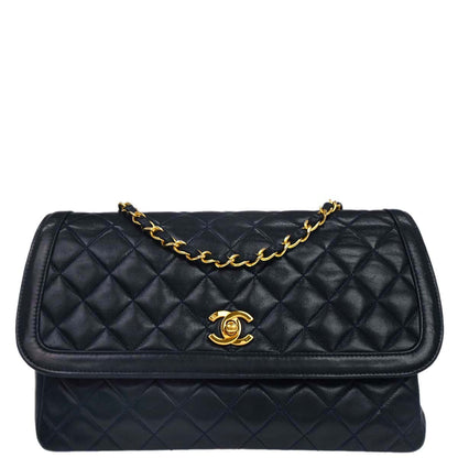 Chanel 1989-1991 Navy Lambskin Straight Flap Shoulder Bag