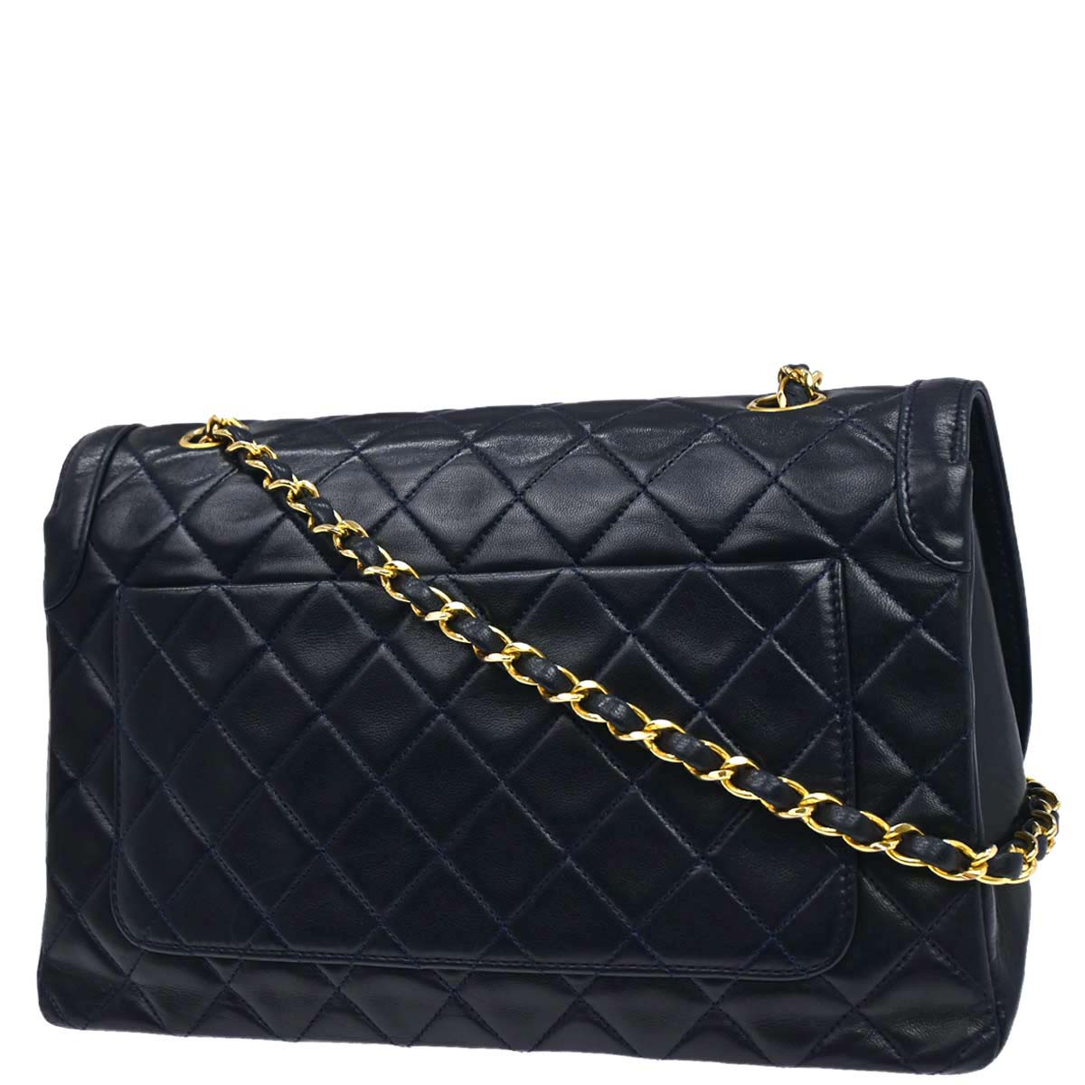 Chanel 1989-1991 Navy Lambskin Straight Flap Shoulder Bag