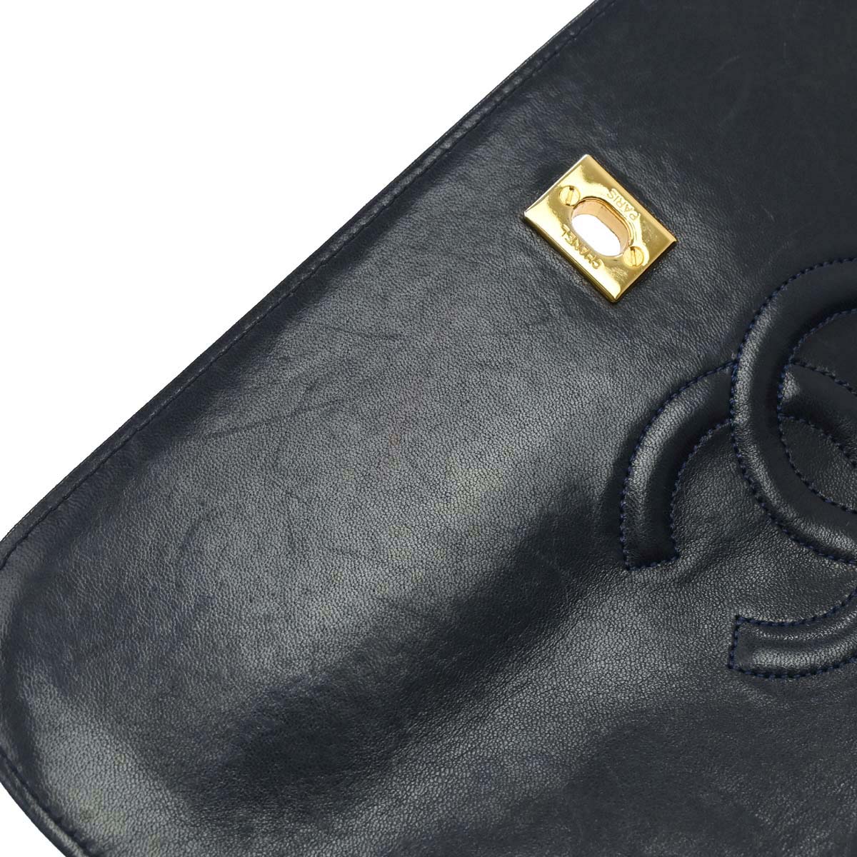 Chanel 1989-1991 Navy Lambskin Straight Flap Shoulder Bag