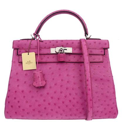 Hermes * Fuchsia Pink Ostrich Kelly 32 Retourne 2way Shoulder Handbag