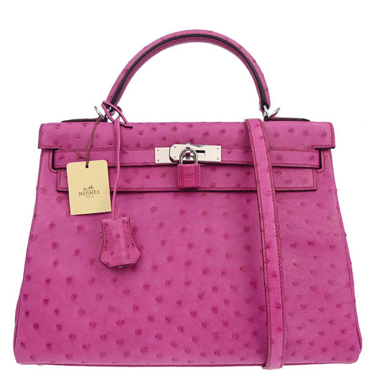 Hermes * Fuchsia Pink Ostrich Kelly 32 Retourne 2way Shoulder Handbag