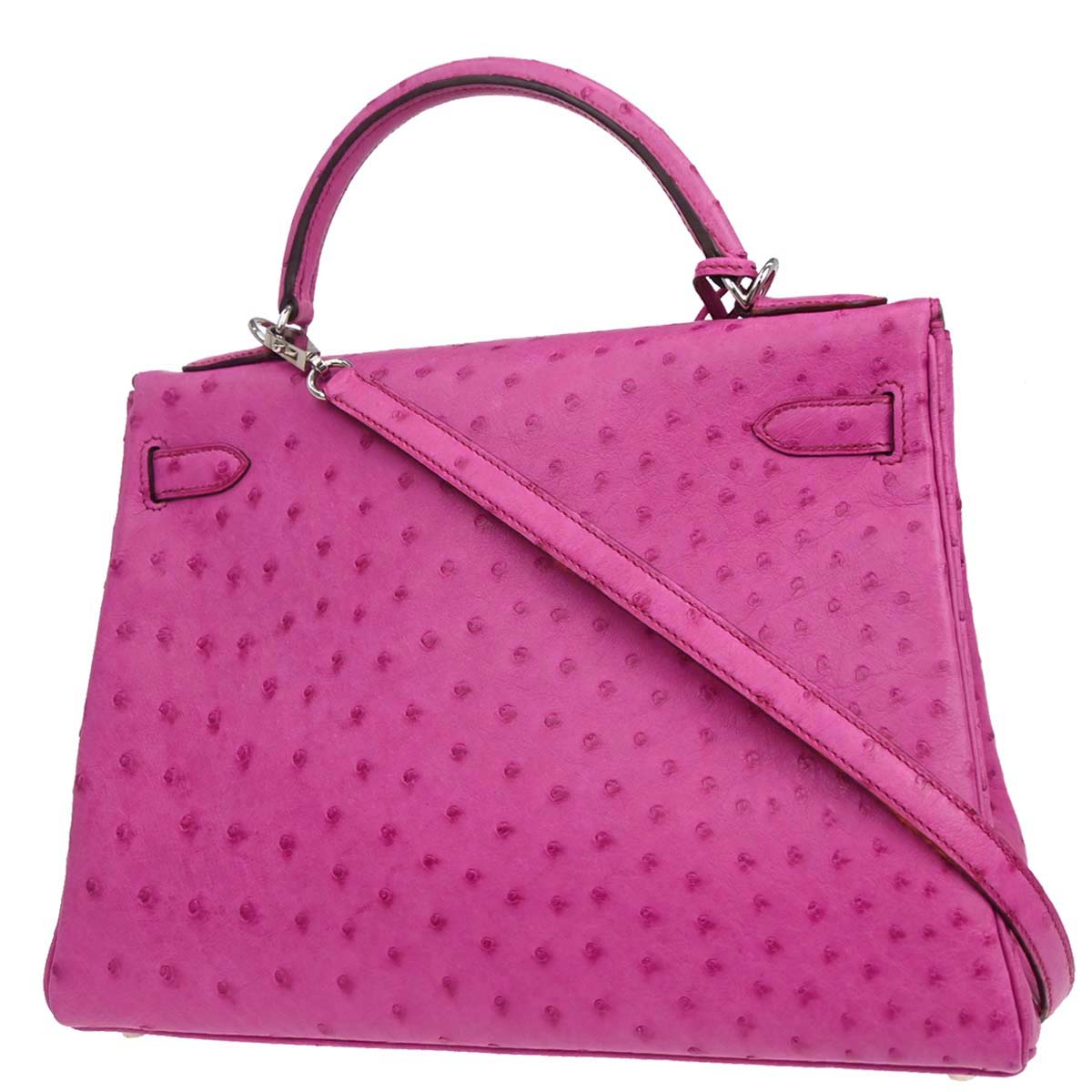 Hermes * Fuchsia Pink Ostrich Kelly 32 Retourne 2way Shoulder Handbag